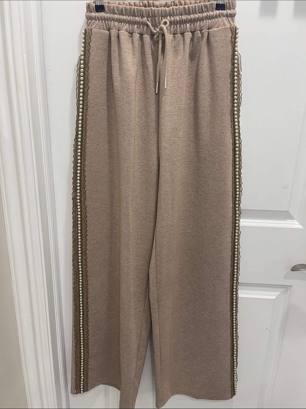 Origami Beaded Trim Wide-Leg Joggers in Taupe